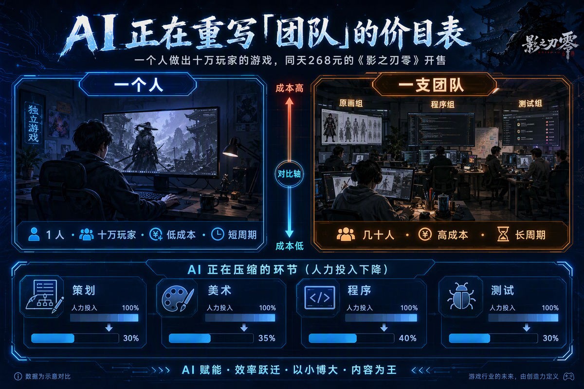 AI正在重写团队的价目表:一个人做出十万玩家的游戏,同天268元的《影之刃零》开售